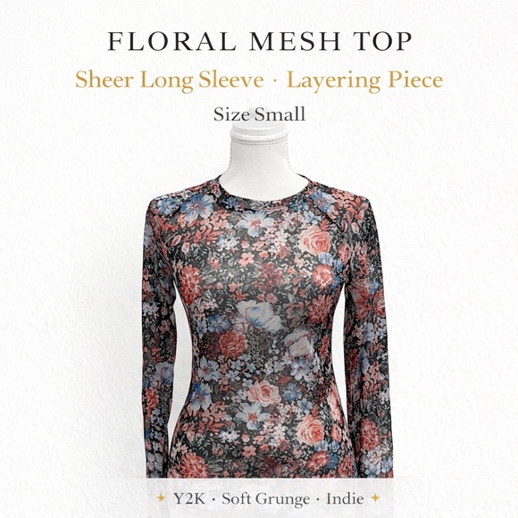 Dealmore Floral Mesh Sheer Long Sleeve Top Y2K Layering Shirt Size S - Picture 2 of 9